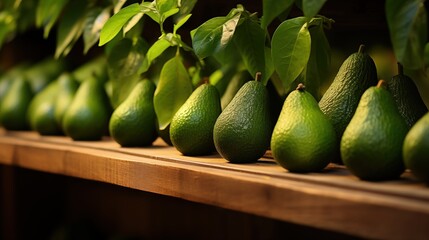 A row of fresh green avocados neatly arranged on a wooden shelf with green leaves in the background. Fresh fruits magazine advertizing background.