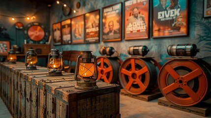 Celebrate cinematic excellence with podiums for film festivals, featuring movie reel decor, film posters, and cinematic settings to honor filmmakers and film industry. , Minimalism,
