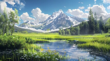Fototapeta premium Majestic mountain peak tranquil meadow flowing water generated. 