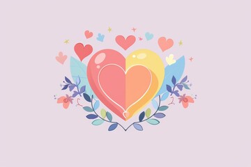 A colorful illustration featuring intertwined hearts surrounded by flowers and leaves, symbolizing love and romance on a pastel background.