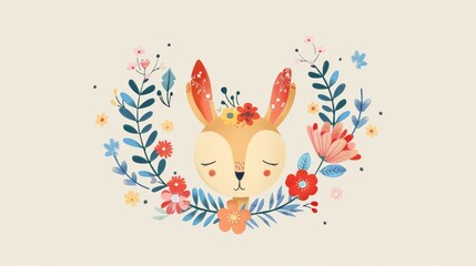Obraz premium A cute illustrated deer surrounded by colorful flowers and leaves. Perfect for a whimsical and nature-themed design project.