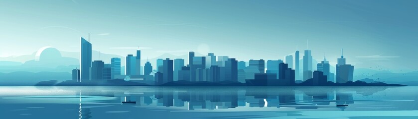 Fototapeta premium A stunning cityscape view of modern skyscrapers reflecting on a calm body of water in the serene early morning light.