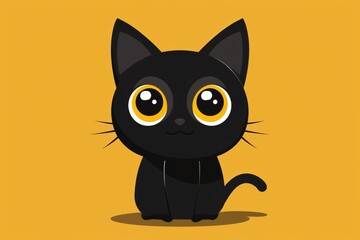Adorable cartoon black cat with big eyes sitting on yellow background. Perfect for kids' illustrations and playful designs.