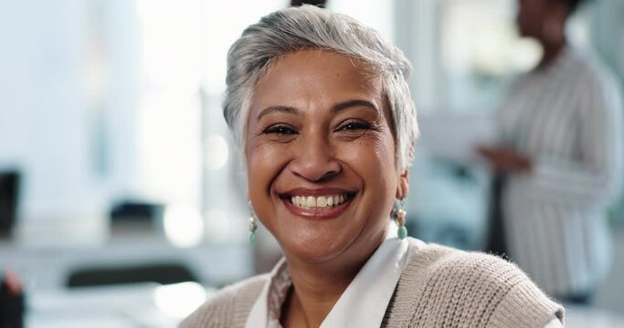 Business, office and face of woman with smile for corporate career, ambition and confidence. Happy, mature executive and person with pride at workplace for accounting job, finance and management