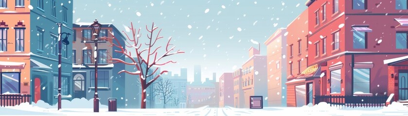 Fototapeta premium City street blanketed in snow with colorful buildings, bare trees, and falling snowflakes, creating a tranquil winter scene during snowfall.