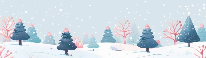 Beautiful winter landscape illustration with snow-covered trees and falling snowflakes, perfect for holiday and seasonal designs.