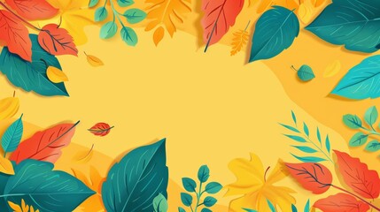 Colorful autumn leaves frame with vibrant foliage on a warm yellow background, ideal for seasonal designs and fall-themed projects.
