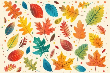 Obraz premium Colorful autumn leaves illustration with various shapes and sizes, featuring vibrant fall colors on a light background, perfect for seasonal designs.