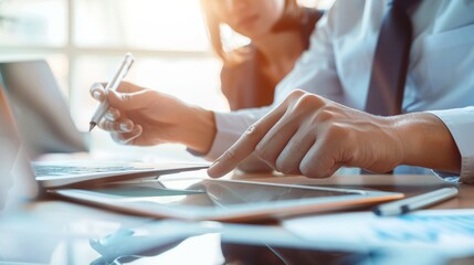 Collaborative Business Professionals Using Tablet and Stylus in Modern Office Setting