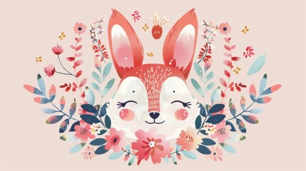 Obraz premium Cute watercolor illustration of a smiling bunny surrounded by floral elements, perfect for spring or Easter themes.