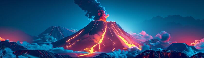 Obraz premium Dramatic volcanic eruption with glowing lava and ash cloud under a vibrant sky, captured in stunning detail for awe-inspiring visual impact.