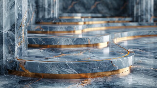 Elevate your projects with elegant marble podium mockups, complete with customizable gold trim and space for personalized text, ideal for prestigious occasions. , Minimalism,