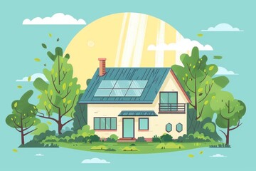 Naklejka premium Illustration of a cozy house with solar panels on the roof surrounded by lush green trees and a bright sun backdrop.