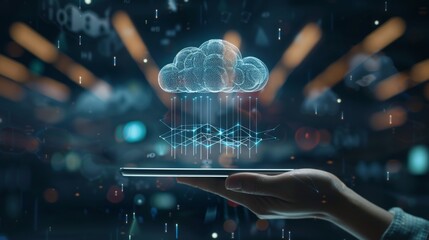 Digital Innovation Hand Holding Tablet with Holographic Cloud Data Transfer Futuristic Tech Concept in Dark Setting with Glowing Patterns Modern Technology and Efficiency Visualization