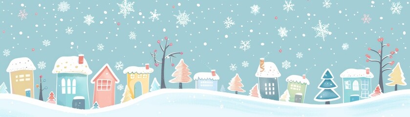 Illustration of a snow-covered village with colorful houses and trees, capturing the serene beauty of a winter wonderland.