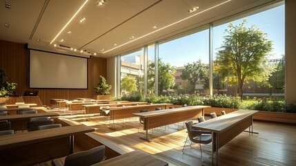 Equip seminars with podium mockups designed for interactive learning, incorporating digital projectors, seating layouts, and multimedia presentation tools. , Minimalism,