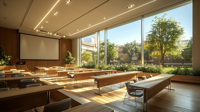 Equip seminars with podium mockups designed for interactive learning, incorporating digital projectors, seating layouts, and multimedia presentation tools. , Minimalism,