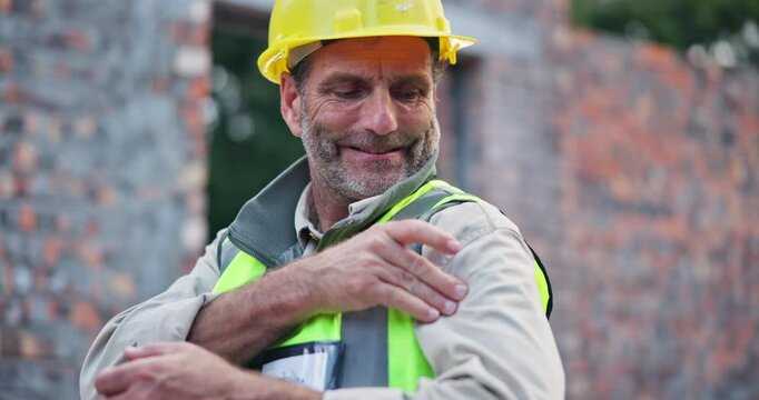 Shoulder, pain and architect man with injury, joint and body inflammation from arthritis. Construction worker, rotator cuff and tension from manual labour male person and medical accident on job site