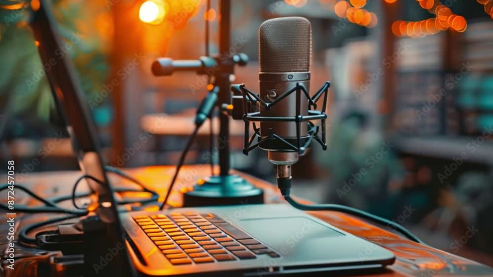 Poster this podcasting or recording setup with professional microphone and laptop.