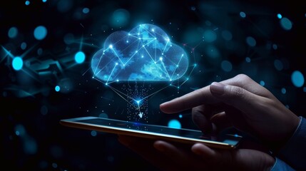 Digital Innovation Hand Holding Tablet with Holographic Cloud and Data Transfer Arrows HighTech Concept for Cloud Computing and Data Management in Dark Tech Background