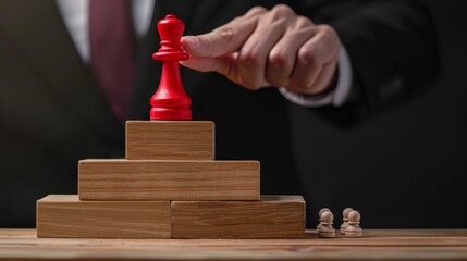 Strategic Success Business Professional Ascending Wooden Staircase of Leadership Pawns