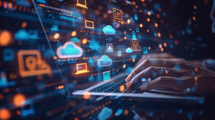 Digital Productivity Hands Typing on Laptop with Cloud Storage Icons in Dark Background