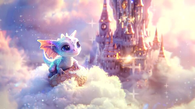 Cute dragon with egg on castle background. Seamless looping time-lapse 4k video animation background