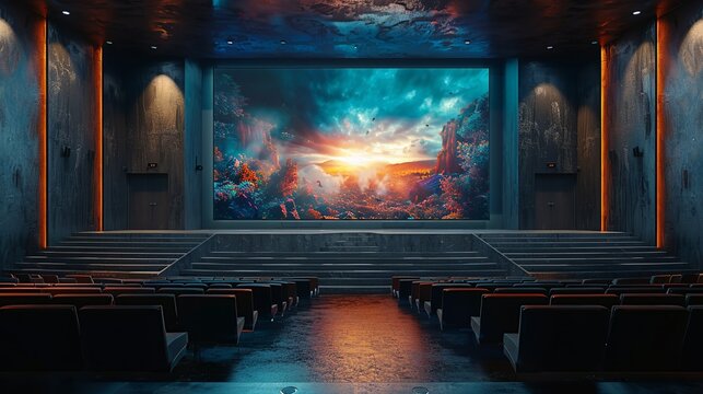 Presentation stage mockup in a corporate event setting with audience perspective and customizable screen displays. , Minimalism,