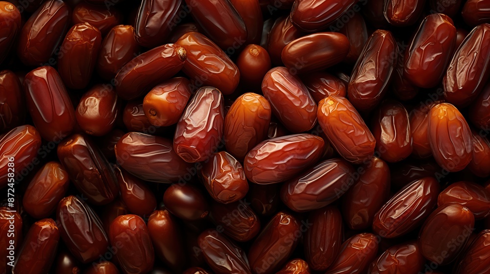 Poster dates beauty texture. a close-up view of a pile of fresh, glossy dates. full screen filled.