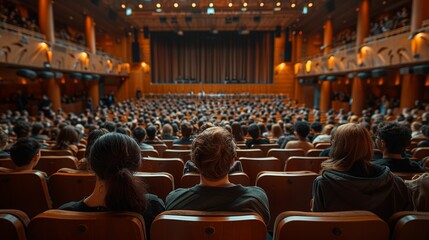 Seminar stage mockup in a university auditorium with academic audience and lecture-style setup. , Minimalism,