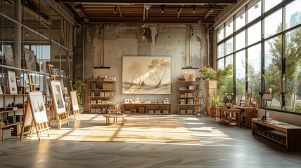 Fototapeta premium Workshop stage mockup in a creative studio with artists, easels, and artistic displays. , Minimalism,