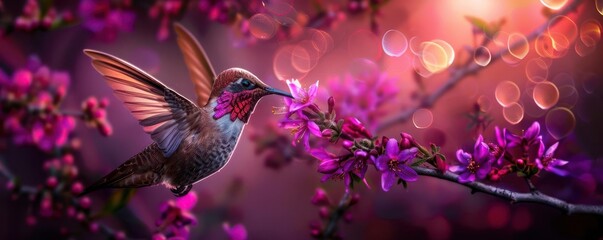 Fototapeta premium Closeup of a hummingbird feeding on a purple flower