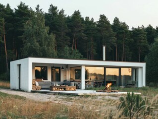 Peaceful countryside retreat small white house surrounded by grass and trees in nature landscape