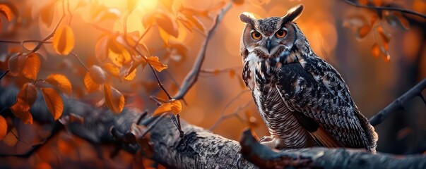 Closeup of an owl perched on a branch, soft ambient light, high detail, intense and wise gaze, high resolution, textured bark and feathers, peaceful and contemplative setting