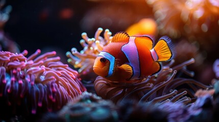 Colorful fish swimming in a vibrant aquarium, detailed coral and plants, high resolution, bright and dynamic scene, clear water, diverse species, lively and captivating atmosphere