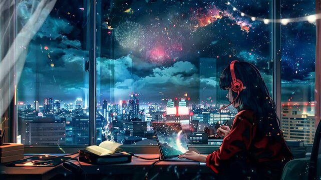 Girl listening music with computer in a room at night. Seamless loop video background
