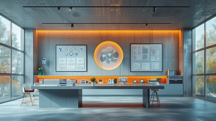 Science conference stage mockup with research posters, keynote speakers, and lab equipment displays. , Minimalism,