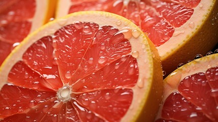 Close-up of fresh, juicy grapefruit slices with water droplets on the surface, highlighting the vibrant pink flesh and yellow rind.