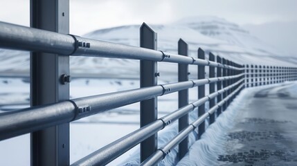 Fototapeta premium elegant fence with smooth metal panels and sharp angular joins, providing a stark contrast to a snowy landscape