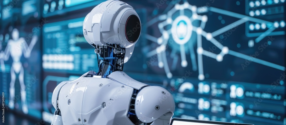 Poster office presentation with robots and data charts, symbolizing future business technology and ai integ