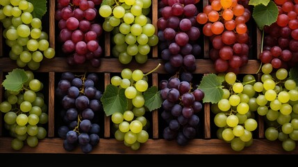 A variety of colorful grape bunches arranged neatly on a wooden surface.