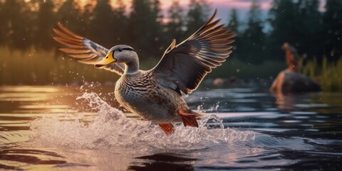 Wild duck flying in the lake,generated with AI. High quality photo