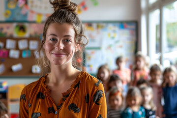 Photography of belgium school classroom scene with children in background and the teacher on front.