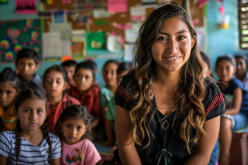 Obraz premium Photography of mexican school classroom scene with children in background and the teacher on front.