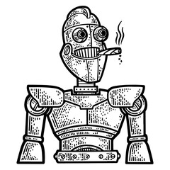 Cartoon robot smoking cigar sketch engraving PNG illustration. T-shirt apparel print design. Scratch board imitation. Black and white hand drawn image.