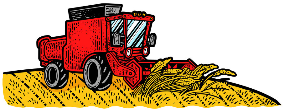 recommend clip art: combine harvester in wheat field color sketch engraving PNG illustration. T-shirt apparel print design. Scratch board imitation. Black and white hand drawn image.