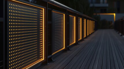 Obraz premium seamless integration of dark metal fencing with illuminated panels, enhancing night-time security and aesthetics