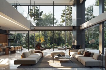 Modern Living Room with Panoramic Forest Views