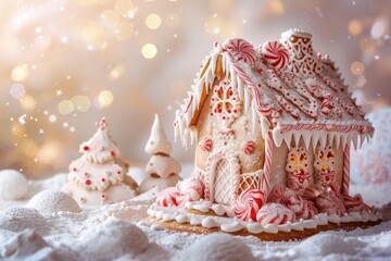 Fototapeta premium A beautifully decorated gingerbread house with icing and candy details, set against a soft, festive background 
