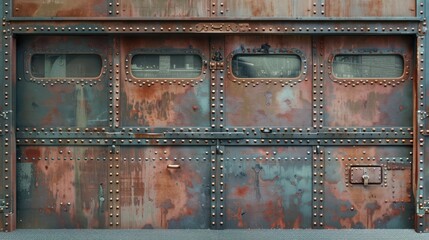 garage door designed to resemble a vintage train car, complete with riveted metal panels and window details